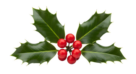 A sprig of holly with vibrant red berries and glossy green leaves, isolated on a transparent background, symbolizing the festive spirit of christmas and winter holidays