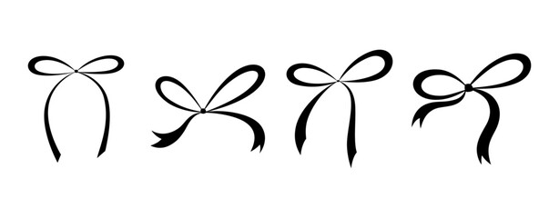 A set of black silhouettes of bows, isolated on a white background, vector illustration. A ribbon-tied bow, hand-drawn. Festive elegant, graphic element for decoration, design, postcards, labels