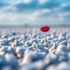 Single Red Flower Amidst White Cotton Field