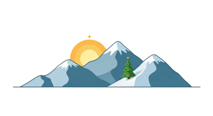 Stylized illustration of snow-capped mountains with a rising sun and a lone fir tree in a winter landscape.