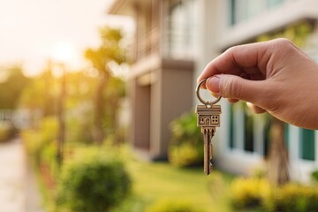 Hand Holding House Keys In Front Of New Home