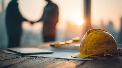 Construction Meeting At Sunset With Safety Helmet