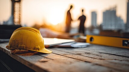 Yellow Safety Helmet On Wooden Table At Construction Site Sunset