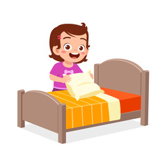 Cute Little Girl Making Bed Smiling in Bedroom with Happy Expression Cartoon Illustration