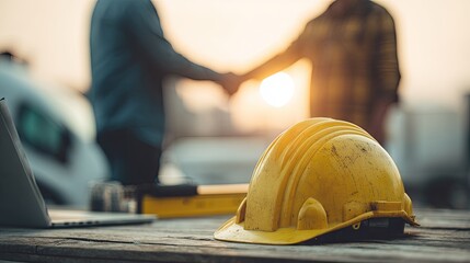 Construction Team Handshake With Safety Helmet