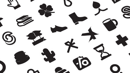 Black and white vector icon set: hand, clover, books, shoe, boot, mug, cactus, hourglass, camera, and more eps silhouette