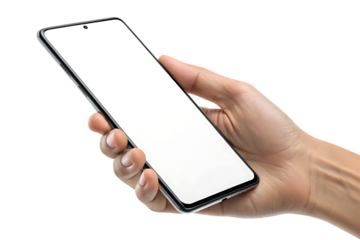 Human hand holding a modern smartphone, with a blank white screen, cutout, PNG isolated on transparent background