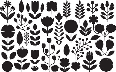 Black and white floral vector set: flower silhouettes, leaves, and botanical elements eps