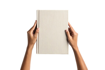Obraz premium Hands holding a blank textured light beige hardcover book, with vertical lines, cutout, PNG isolated on transparent background