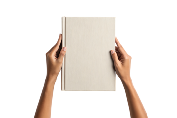 Hands holding a blank textured light beige hardcover book, with vertical lines, cutout, PNG isolated on transparent background