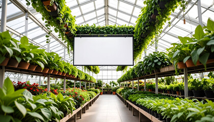 Blank mockup poster hanging between lush green vines in a sunlit indoor plant shop aisle, ready for your design