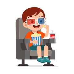 Happy Little Boy Watching 3D Movie and Eating Popcorn in Cinema Theater Illustration