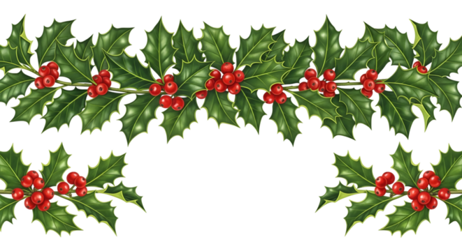 Seamless border of green holly branches with red berries, isolated on transparent background, perfect for christmas and winter holiday designs