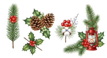 Collection of festive christmas and winter holiday elements, including pine branches, holly berries, pine cones, cotton, and a vintage red lantern, isolated on transparent background