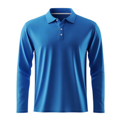 Plain Blue Long Sleeve Polo Shirt Mockup Front View 3D Rendering on transparent background