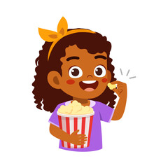 Fototapeta na wymiar Happy African American Girl Eating Popcorn with a Smile Holding Bucket Illustration