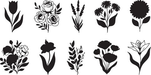 Floral vector silhouettes: flower clipart, botanical illustrations, svg cut files eps