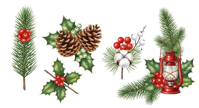 Collection of festive christmas and winter holiday elements, including pine branches, holly berries, pine cones, cotton, and a vintage red lantern, isolated on transparent background