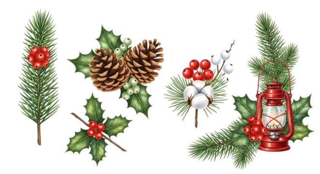 Collection of festive christmas and winter holiday elements, including pine branches, holly berries, pine cones, cotton, and a vintage red lantern, isolated on transparent background