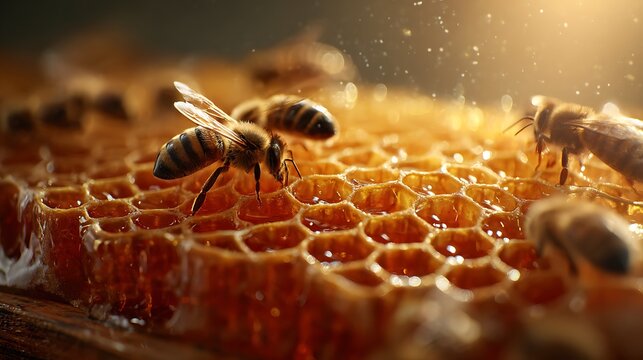 Close-up of a busy bee colony working diligently inside a golden honeycomb hive, collecting nectar and honey from hexagonal cells
