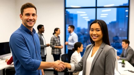 Successful partnership: A diverse business team shaking hands in modern office environment, - Powered by Adobe