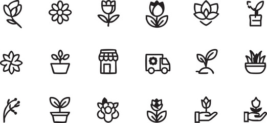 Black and white flower and plant icon set vector - floral, gardening, and nature graphics eps silhouette