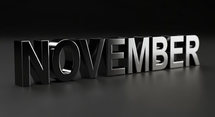Metallic November Text on Dark Background with Reflective Surface.