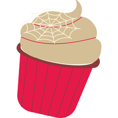 Festive Halloween cupcake with beige frosting and a white spiderweb detail atop a red striped wrapper with a brown rim