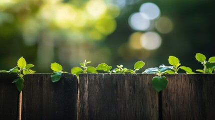 Fresh green leaves growing on a wooden fence with blurred nature background in soft sunlight