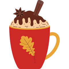 Festive Red Mug With Autumn Leaf Design Filled With Creamy Beverage Topped With Chocolate Drizzle Cinnamon Stick And Star Anise For A Cozy Fall Season Drink
