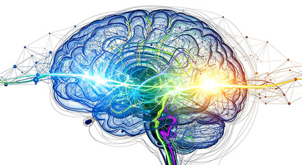 Blue digital brain illustration with colorful neural connections symbolizing AI, data processing, and innovation.