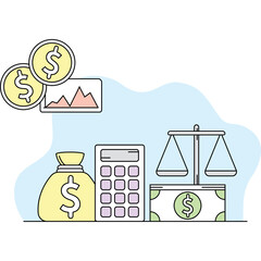 Financial Illustration Featuring A Money Bag Calculator Scale Of Justice And Coins With A Chart In The Background On A Light Blue Backdrop
