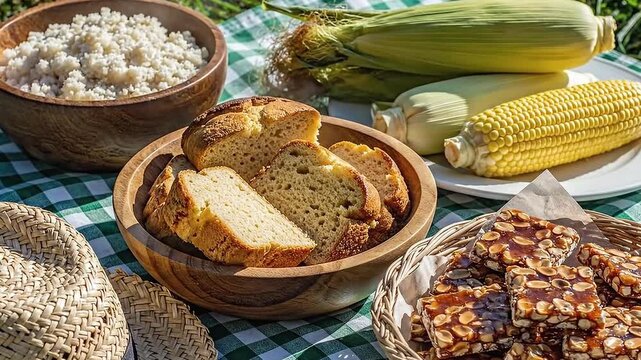 Traditional Brazilian June party food including corn peanut candy and cornbread arranged on a picnic blanket in a rustic setting