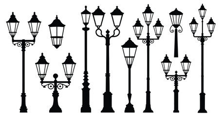 Set of vintage street lamps and ornate pole lights, decorative lanterns, classical urban architecture elements, retro flat vector illustrations, perfect for elegant design, historical, and cityscape p