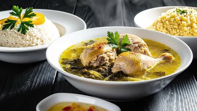 Chicken soup with greens a flavorful and comforting dish served with rice and couscous on a dark wooden table