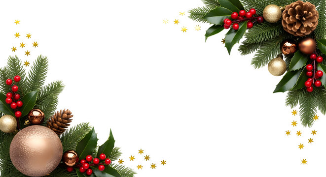 Christmas corner decoration with fir branches, baubles, pine cones, holly berries, and golden confetti isolated on transparent background