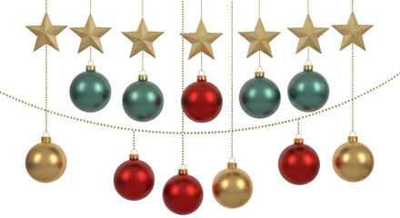 Festive christmas ornaments and stars hanging on a string, isolated on transparent background