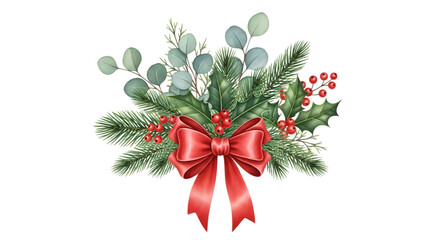 Beautiful watercolor illustration of a christmas floral arrangement with a red bow, fir branches, eucalyptus, and holly berries, isolated on transparent background