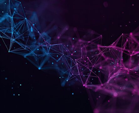 Abstract network of connected dots and lines in blue and purple hues on dark background
