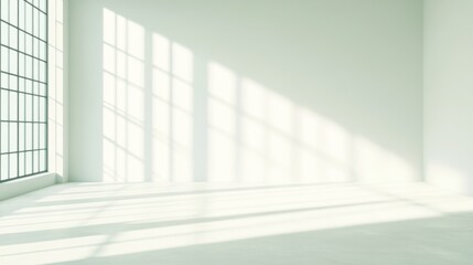 Obraz premium Bright sunlight casting long shadows in a minimalist white room with large windows during the morning