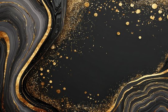 Elegant black background with swirling gold and grey marble patterns, sparkling glitter