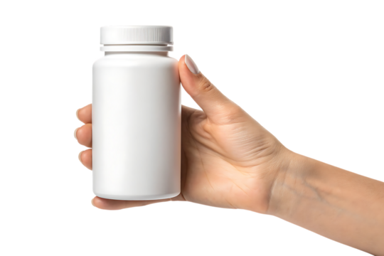 Hand holding a white plastic pill bottle, with a ribbed cap, cutout, PNG isolated on transparent background