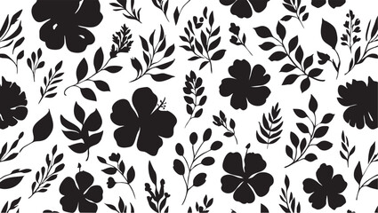 Black and white floral pattern vector: seamless botanical background with flowers and leaves eps silhouette