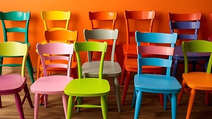 Naklejka premium mismatched. A playful arrangement of mismatched chairs in vibrant colors, representing whimsical seating dilemmas. lifestyle magazines.