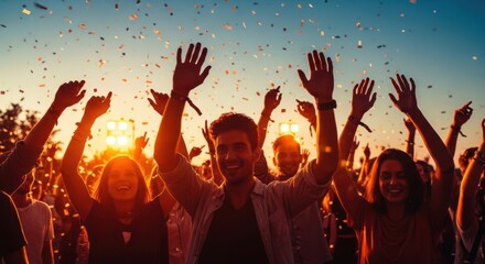 Backlit crowd with hands raised and confetti raining down, celebrating at an outdoor music festival during golden hour sunset.