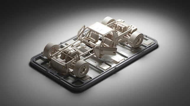A detailed model of a car chassis and components is displayed on a tablet.