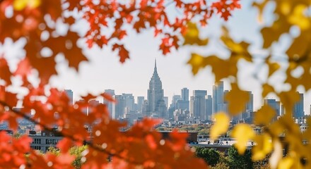 New York City Skyline Framed by Vibrant Autumn Leaves.
