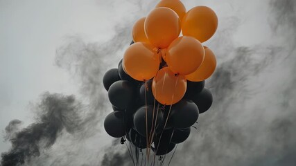 Bunch of black and orange balloons against smoky gray sky - Powered by Adobe