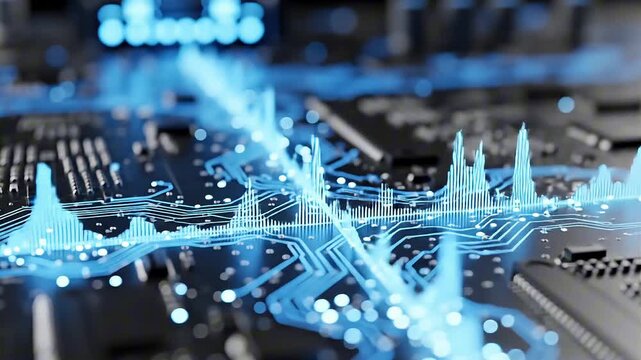 Advanced electronic engineering concept with a glowing blue digital signal waveform visualizing data processing on a futuristic computer motherboard