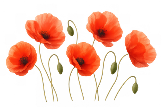 Red poppy flowers with buds and stems, isolated, creating a border or frame for spring and remembrance concepts